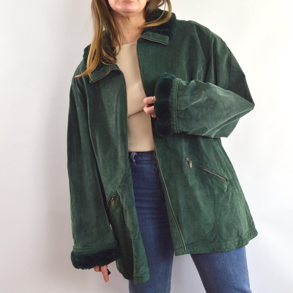 evergreen suede chore coat with sheepskin collar and cuffs